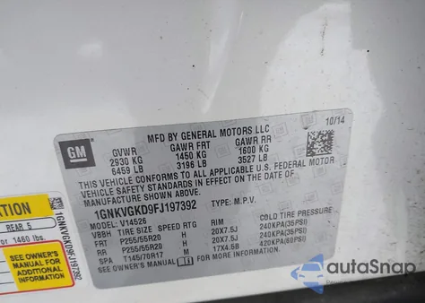 2015 Chevrolet Traverse 1Lt from USA, damaged, VIN 1GNKVGKD9FJ197392